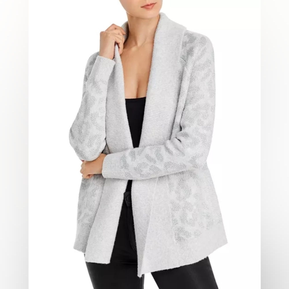 Aqua Metallic Animal Open-Front Light Gray Leopard Print Shawl Collar Sweater